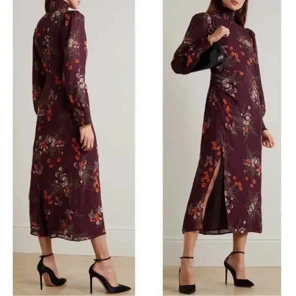Reformation Aude Floral Smocked Georgette Turtleneck Long Sleeve Midi Dress Sz 0 - Picture 1 of 8